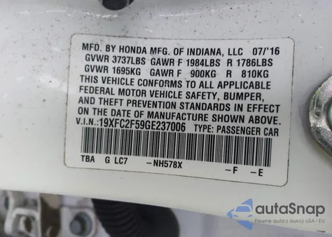 2016 Honda Civic Lx z USA, uszkodzony, nr VIN 19XFC2F59GE237006